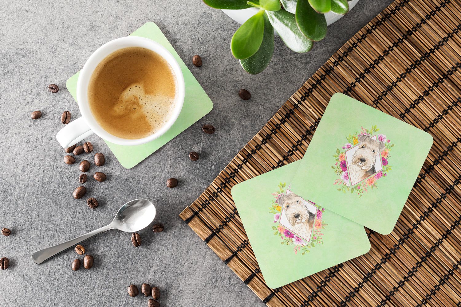 Lakeland Terrier Green Flowers Foam Coasters Set of 4 Cup Coasters for Indoor Outdoor, Tabletop Protection, Anti Slip, Mouse pad Material
