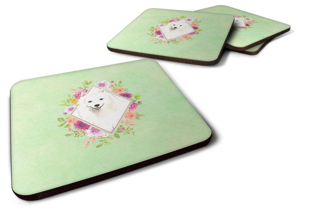 Japanese Spitz Green Flowers Foam Coasters Set of 4 Cup Coasters for Indoor Outdoor, Tabletop Protection, Anti Slip, Mouse pad Material