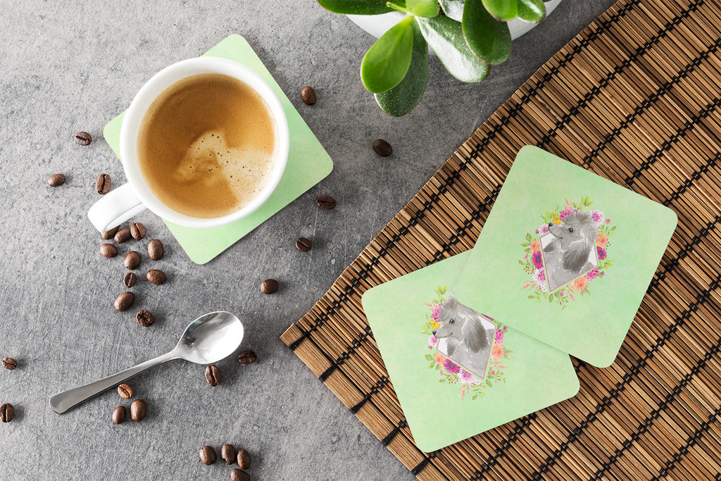 Grey Standard Poodle Green Flowers Foam Coasters Set of 4 Cup Coasters for Indoor Outdoor, Tabletop Protection, Anti Slip, Mouse pad Material