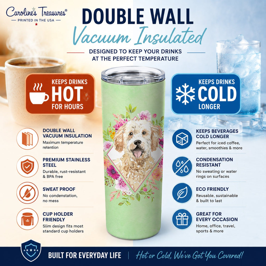 Goldendoodle Green Flowers Stainless Steel Skinny Tumbler 20 oz Vacuum Double Walled Reusable Insulated Travel Cup