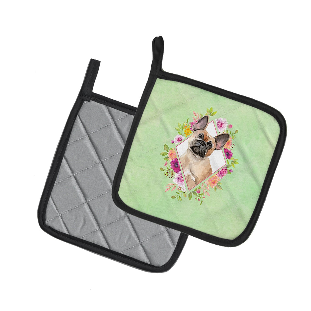 Fawn French Bulldog Green Flowers Pot Holder Set of 2 Heat Resistant Quilted Hot Pads 7.5 x 7.5 Inch, Insulated Kitchen Trivets for Cooking & Baking