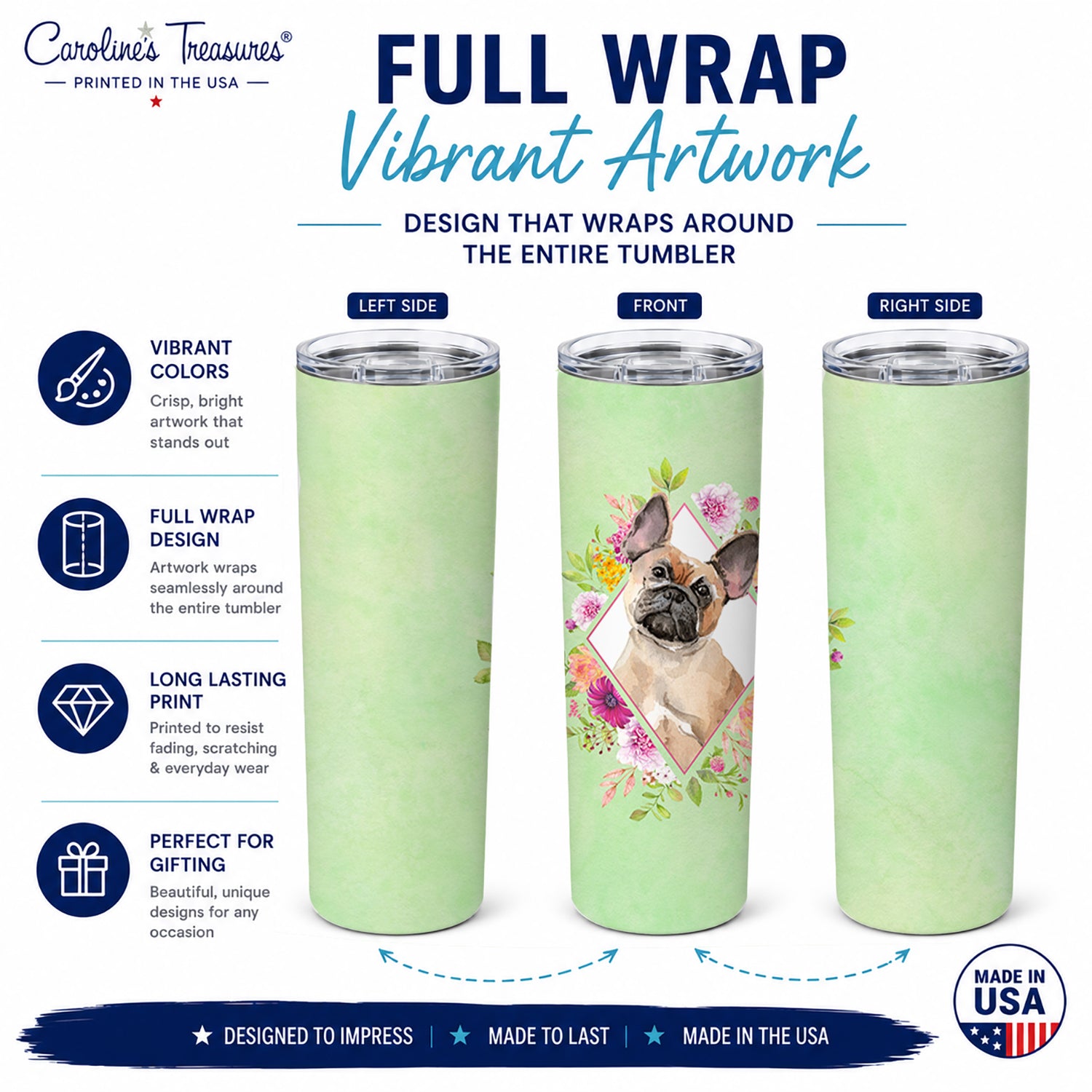 Fawn French Bulldog Green Flowers Stainless Steel Skinny Tumbler 20 oz Vacuum Double Walled Reusable Insulated Travel Cup