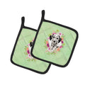 Dalmatian Green Flowers Pot Holder Set of 2 Heat Resistant Quilted Hot Pads 7.5 x 7.5 Inch, Insulated Kitchen Trivets for Cooking & Baking