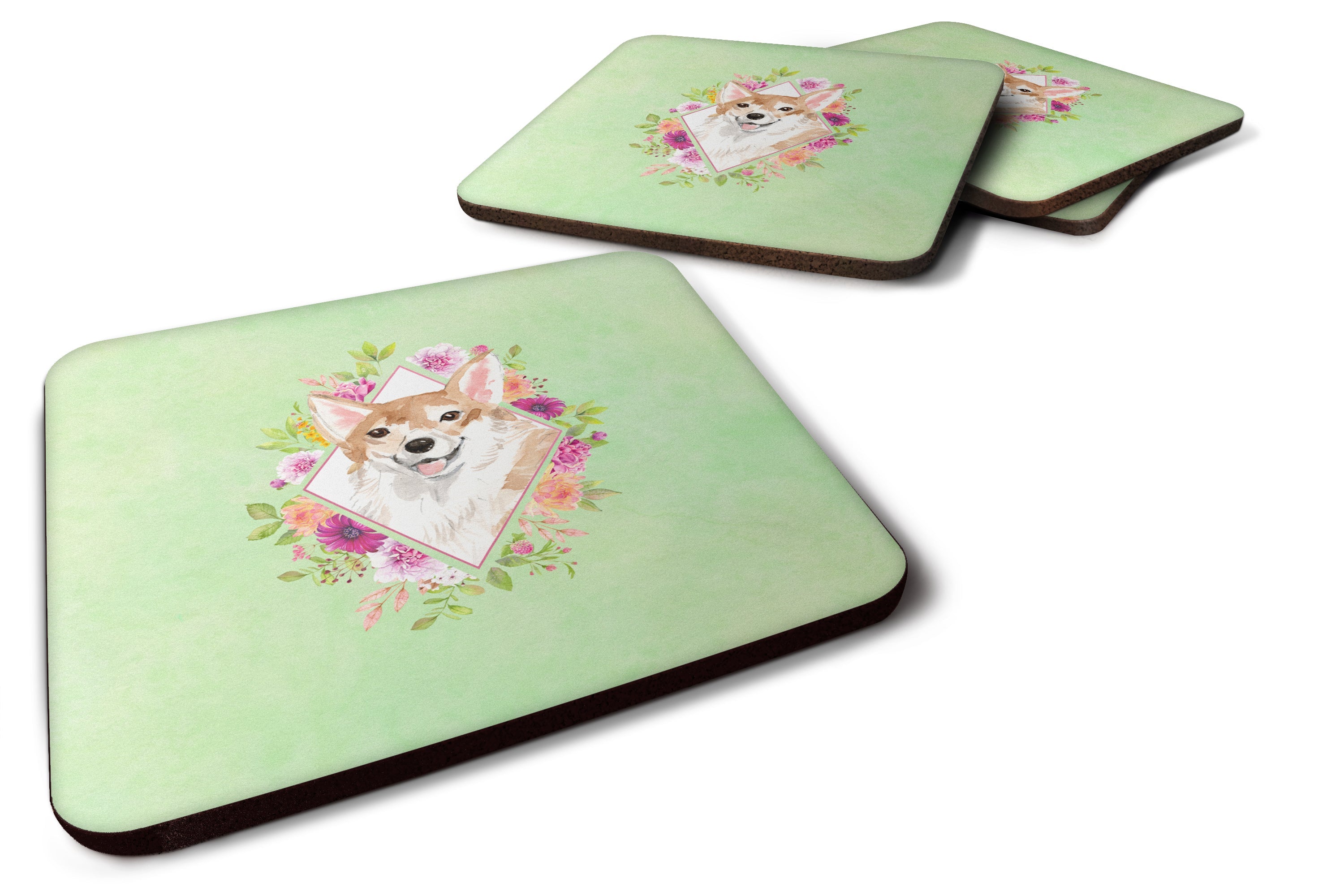 Corgi Green Flowers Foam Coasters Set of 4 Cup Coasters for Indoor Outdoor, Tabletop Protection, Anti Slip, Mouse pad Material