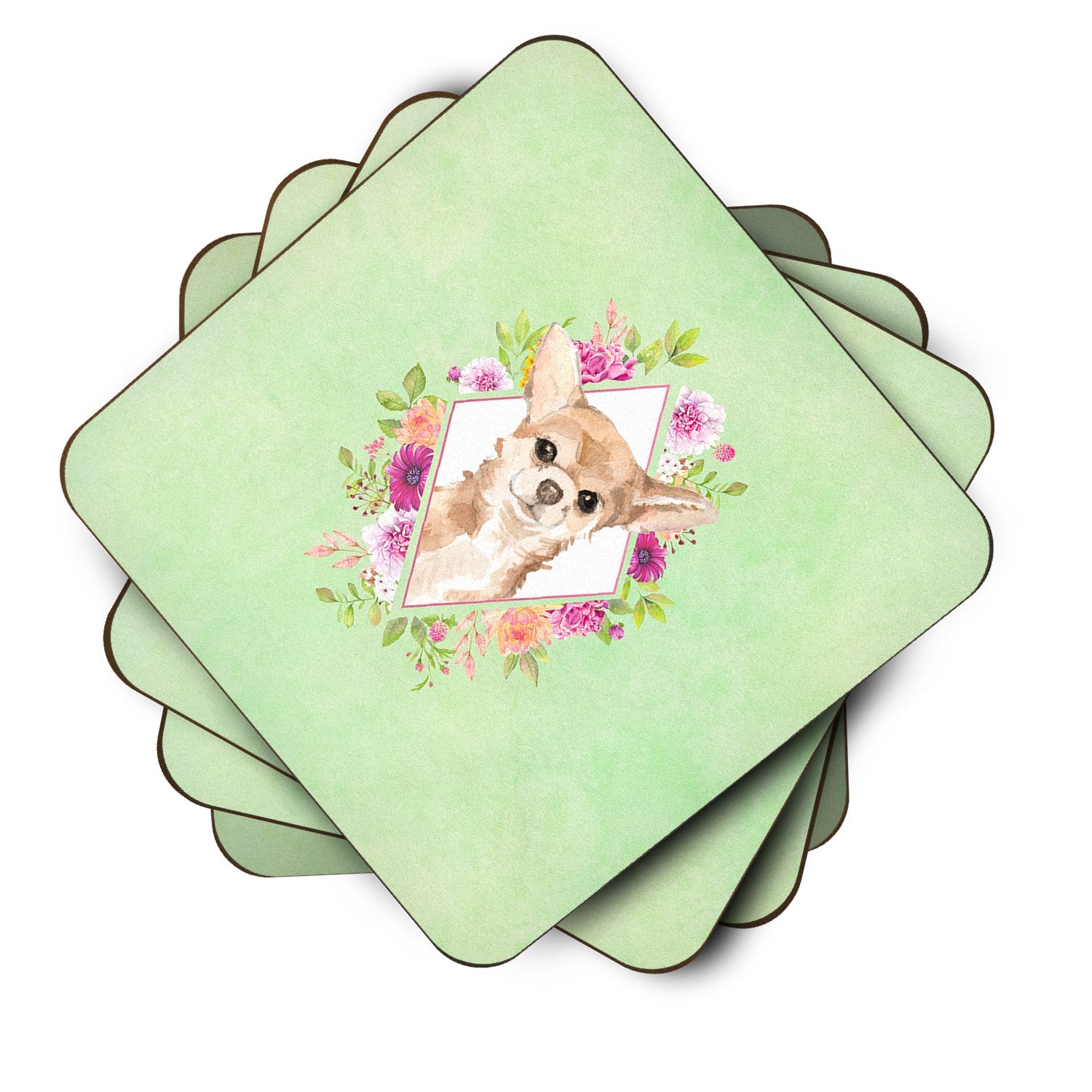 Chihuahua Green Flowers Foam Coasters Set of 4 Cup Coasters for Indoor Outdoor, Tabletop Protection, Anti Slip, Mouse pad Material