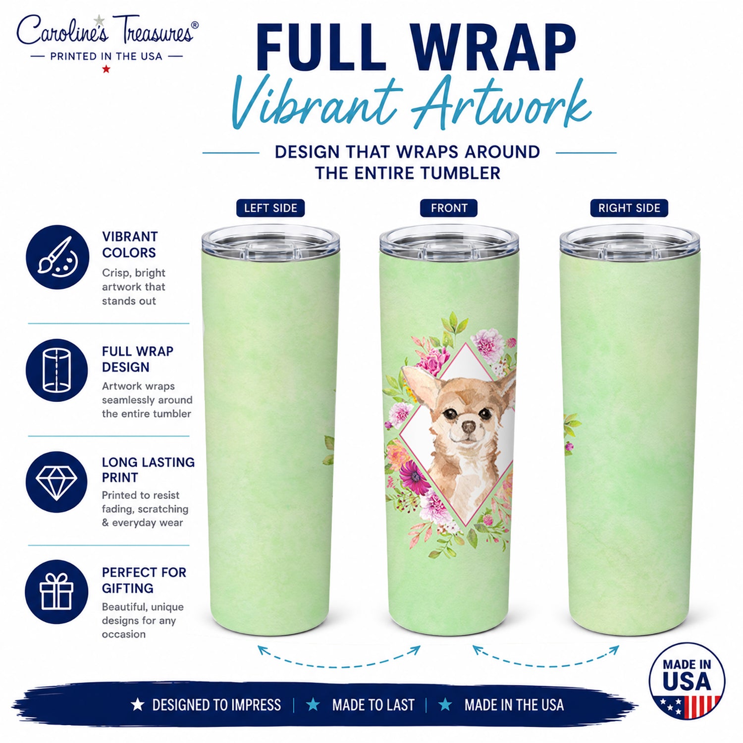 Chihuahua Green Flowers Stainless Steel Skinny Tumbler 20 oz Vacuum Double Walled Reusable Insulated Travel Cup