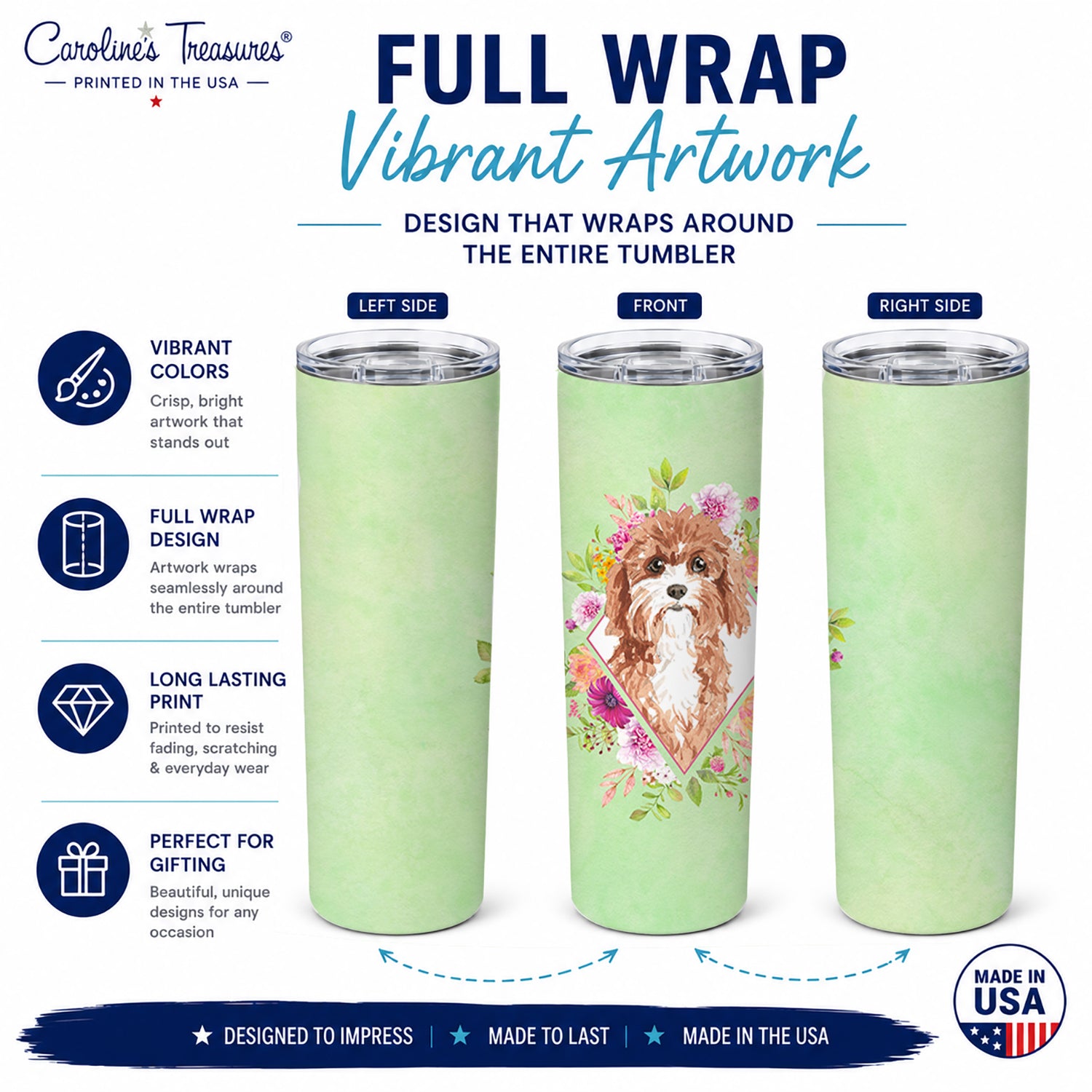 Cavapoo Green Flowers Stainless Steel Skinny Tumbler 20 oz Vacuum Double Walled Reusable Insulated Travel Cup