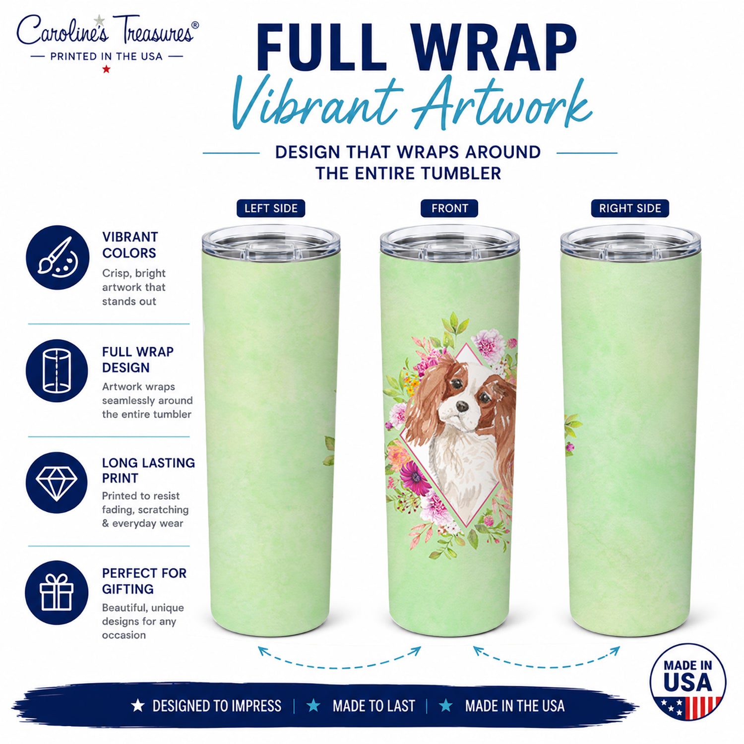 Blenheim Cavalier Spaniel Green Flowers Stainless Steel Skinny Tumbler 20 oz Vacuum Double Walled Reusable Insulated Travel Cup