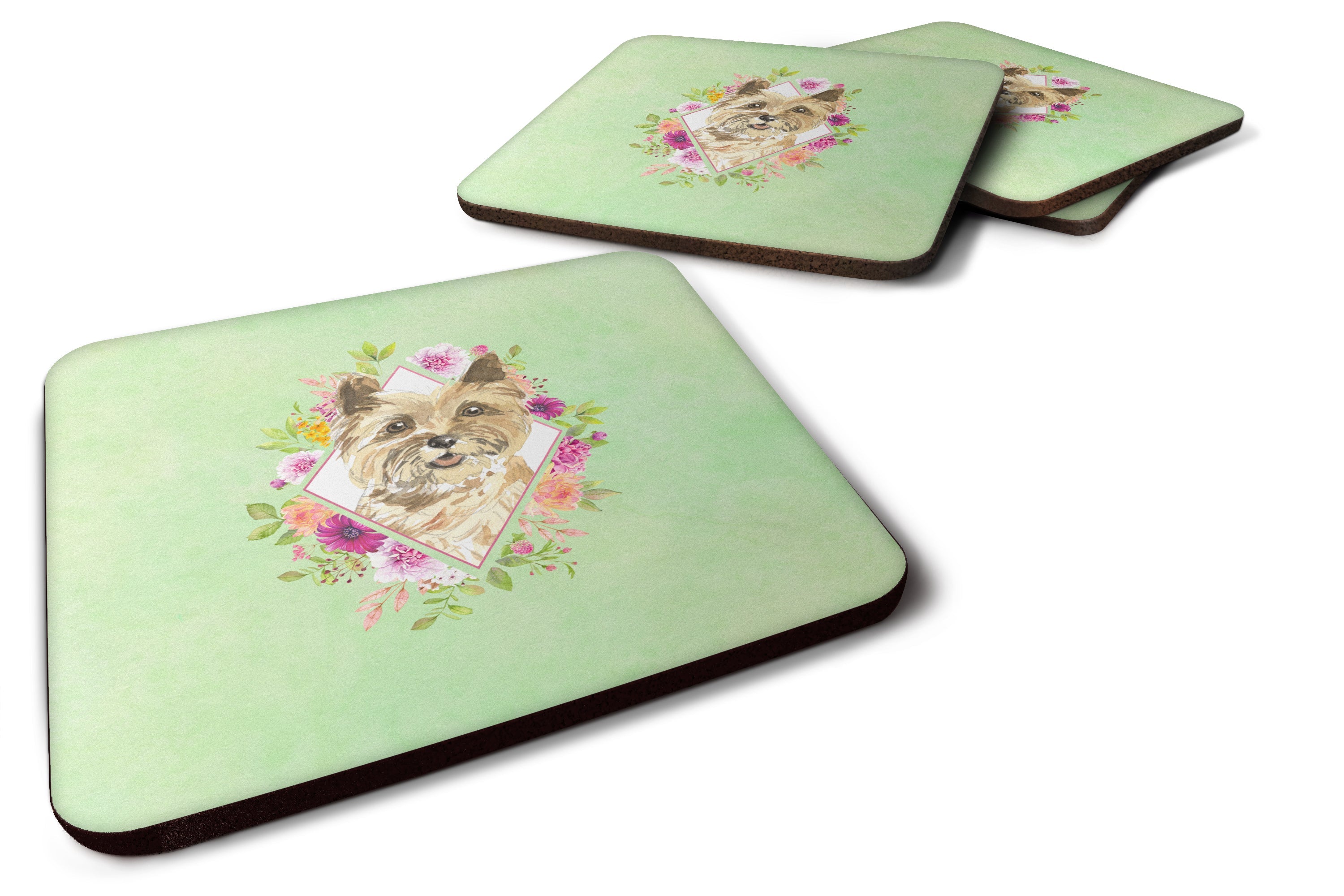 Cairn Terrier Green Flowers Foam Coasters Set of 4 Cup Coasters for Indoor Outdoor, Tabletop Protection, Anti Slip, Mouse pad Material