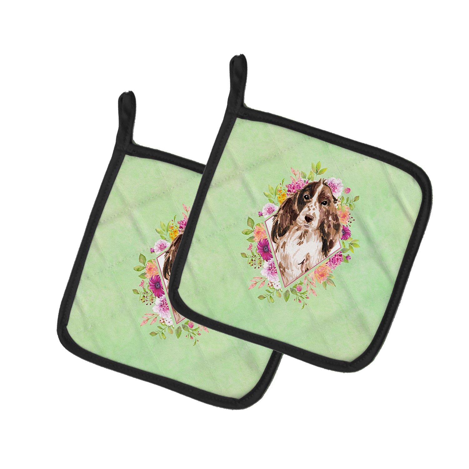 Brown Parti Cocker Spaniel Green Flowers Pot Holder Set of 2 Heat Resistant Quilted Hot Pads 7.5 x 7.5 Inch, Insulated Kitchen Trivets for Cooking & Baking