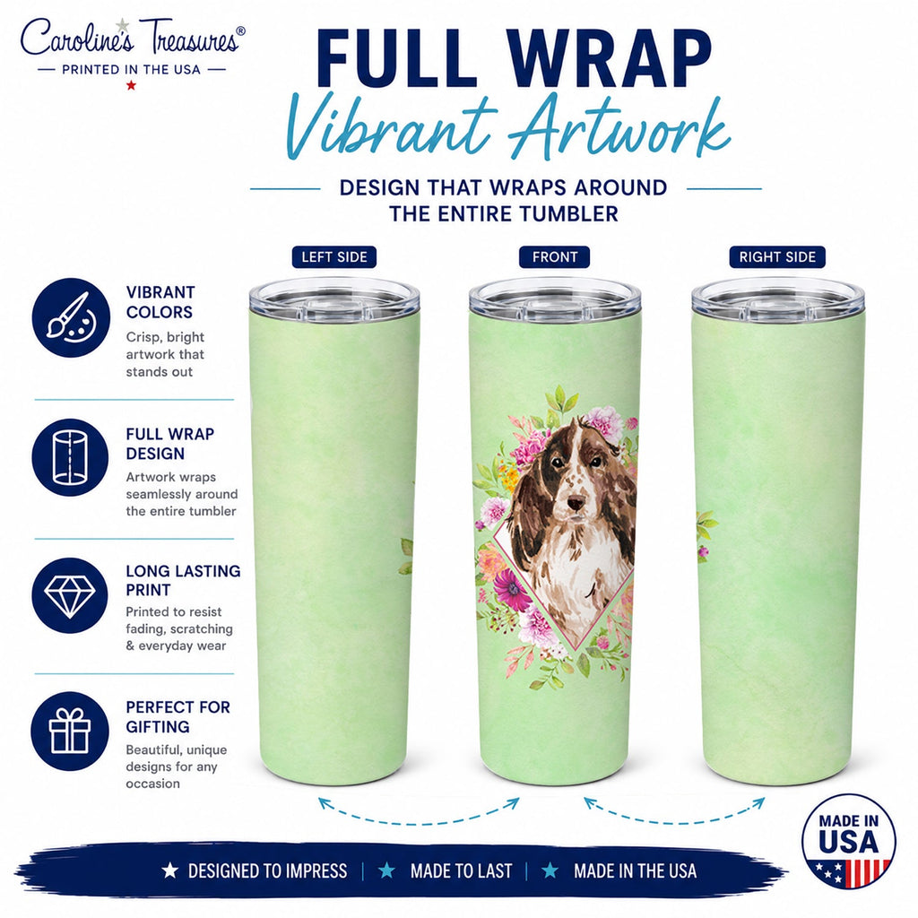 Brown Parti Cocker Spaniel Green Flowers Stainless Steel Skinny Tumbler 20 oz Vacuum Double Walled Reusable Insulated Travel Cup