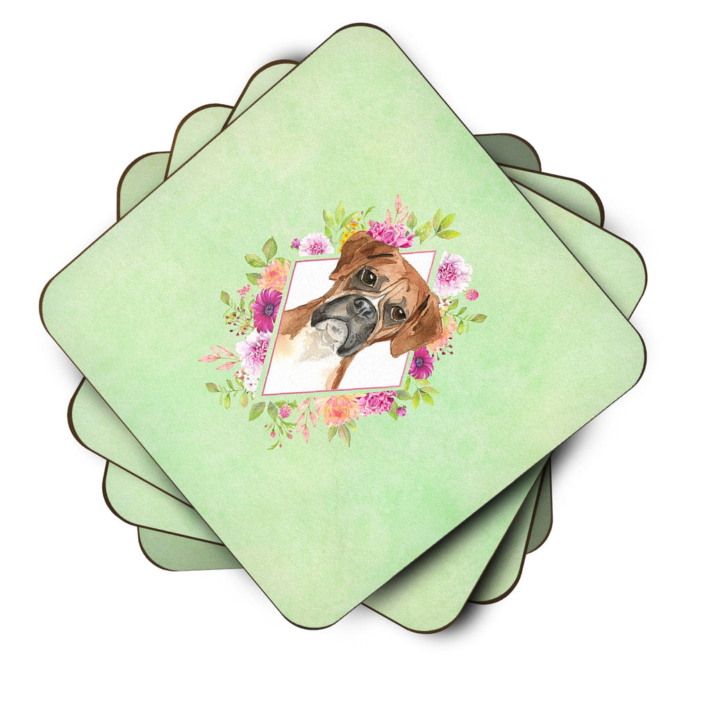 Boxer Green Flowers Foam Coasters Set of 4 Cup Coasters for Indoor Outdoor, Tabletop Protection, Anti Slip, Mouse pad Material