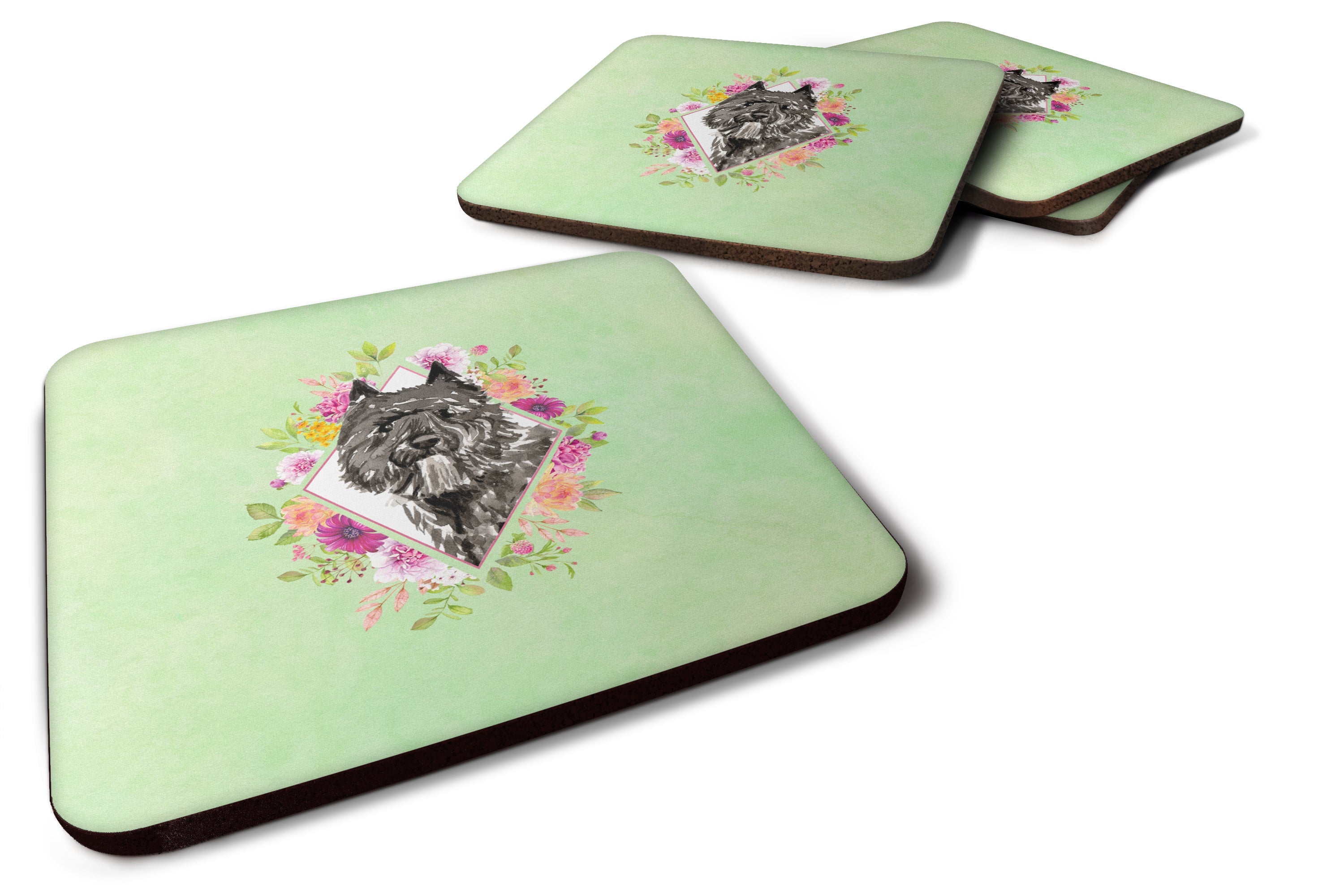 Bouvier des Flandres Green Flowers Foam Coasters Set of 4 Cup Coasters for Indoor Outdoor, Tabletop Protection, Anti Slip, Mouse pad Material