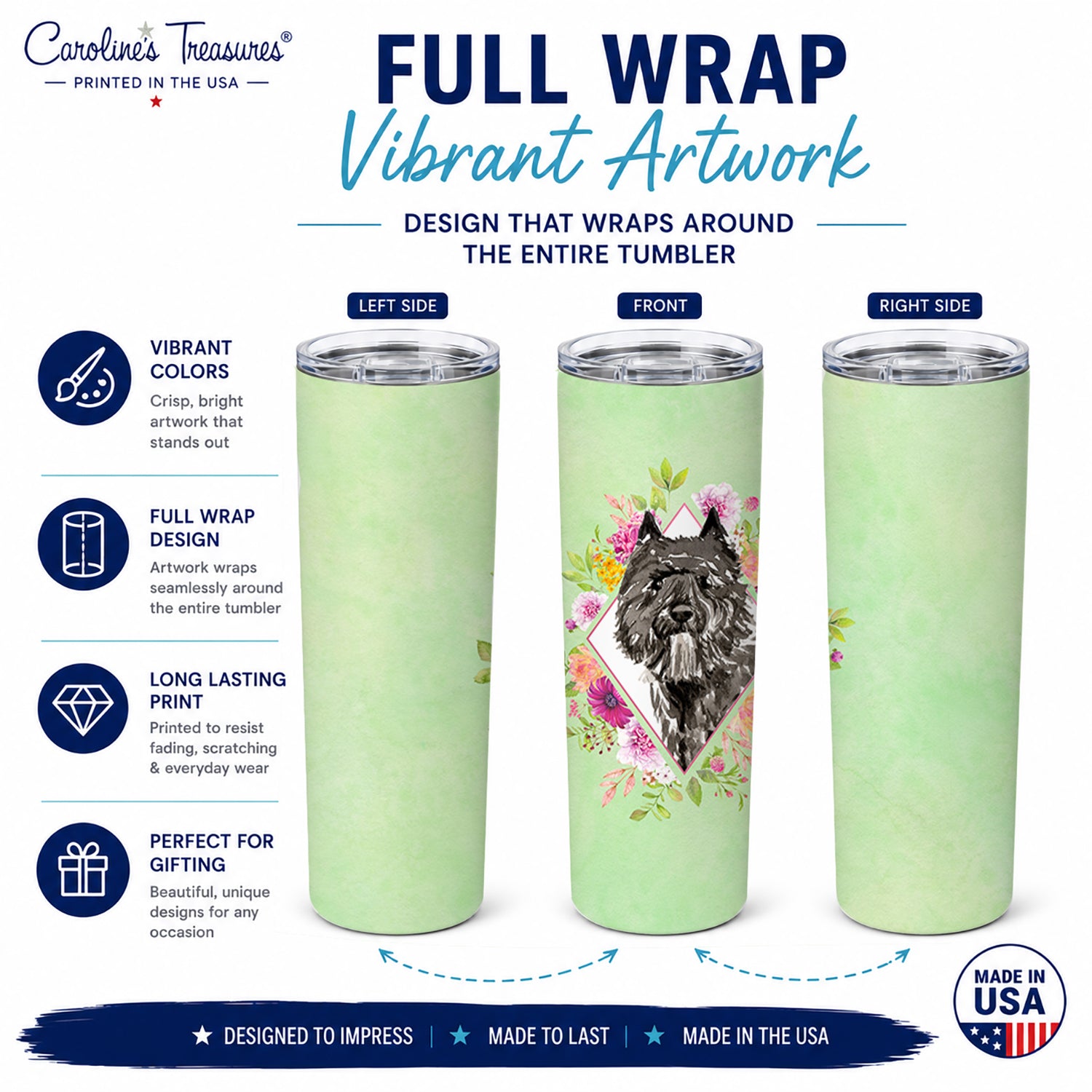 Bouvier des Flandres Green Flowers Stainless Steel Skinny Tumbler 20 oz Vacuum Double Walled Reusable Insulated Travel Cup