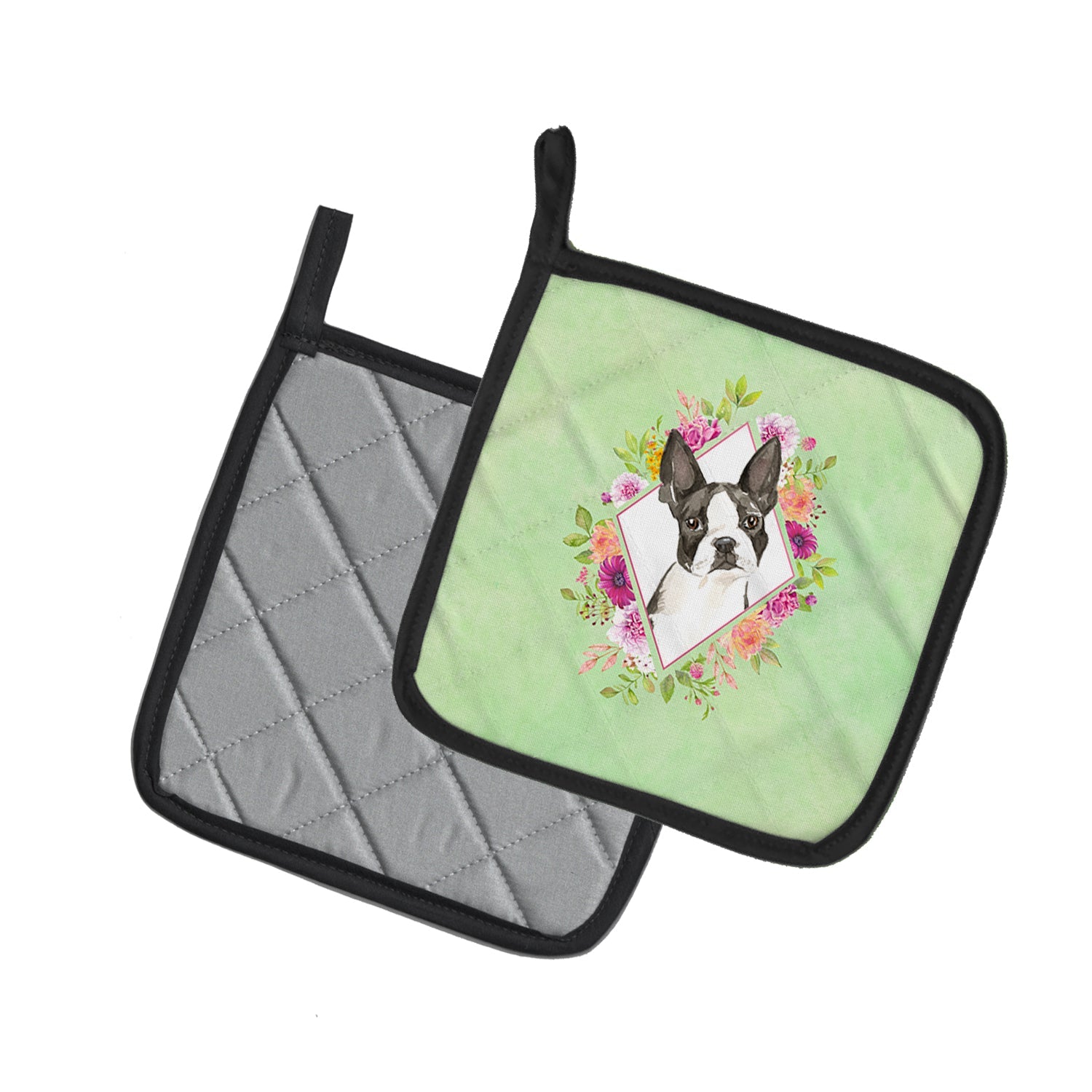 Boston Terrier Green Flowers Pot Holder Set of 2 Heat Resistant Quilted Hot Pads 7.5 x 7.5 Inch, Insulated Kitchen Trivets for Cooking & Baking