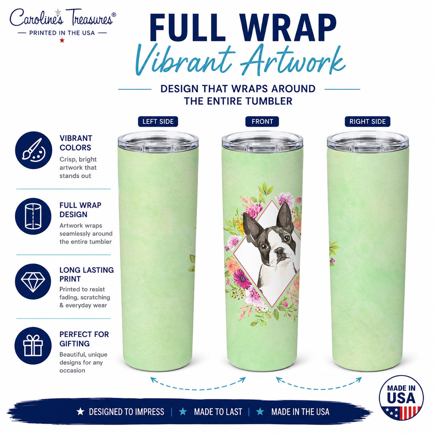 Boston Terrier Green Flowers Stainless Steel Skinny Tumbler 20 oz Vacuum Double Walled Reusable Insulated Travel Cup