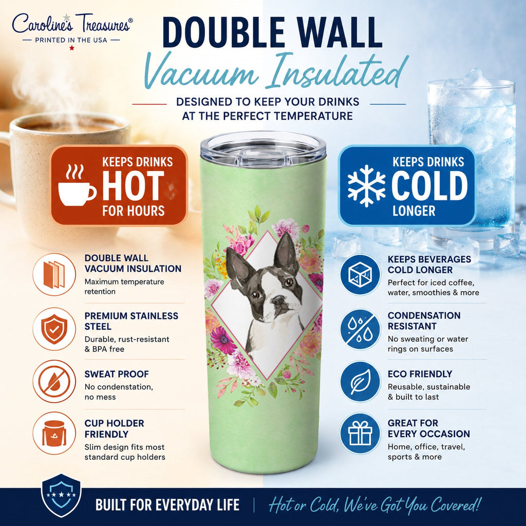 Boston Terrier Green Flowers Stainless Steel Skinny Tumbler 20 oz Vacuum Double Walled Reusable Insulated Travel Cup