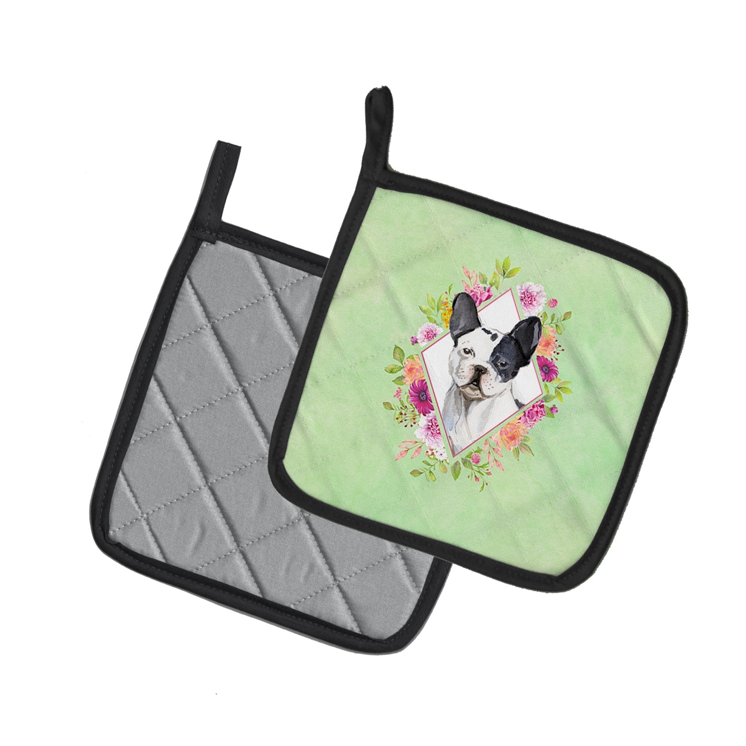 Black and White Frenchie Green Flowers Pot Holder Set of 2 Heat Resistant Quilted Hot Pads 7.5 x 7.5 Inch, Insulated Kitchen Trivets for Cooking & Baking