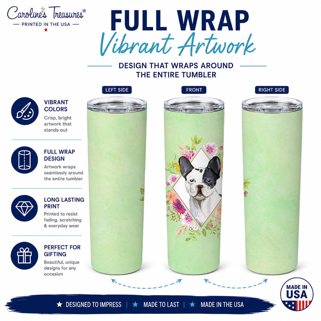 Black and White Frenchie Green Flowers Stainless Steel Skinny Tumbler 20 oz Vacuum Double Walled Reusable Insulated Travel Cup