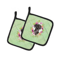 Black Labrador Green Flowers Pot Holder Set of 2 Heat Resistant Quilted Hot Pads 7.5 x 7.5 Inch, Insulated Kitchen Trivets for Cooking & Baking