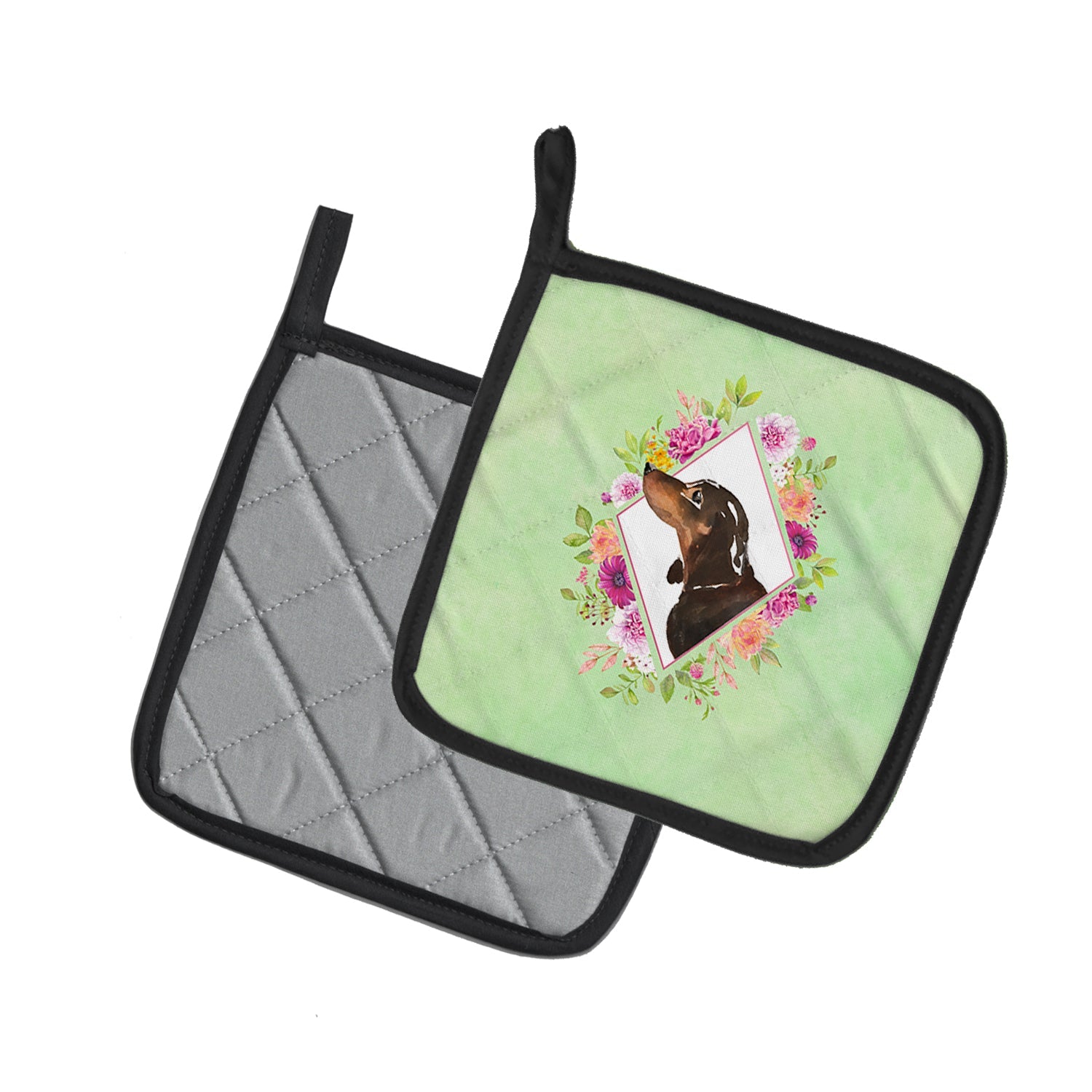 Black and Tan Dachshund Green Flowers Pot Holder Set of 2 Heat Resistant Quilted Hot Pads 7.5 x 7.5 Inch, Insulated Kitchen Trivets for Cooking & Baking