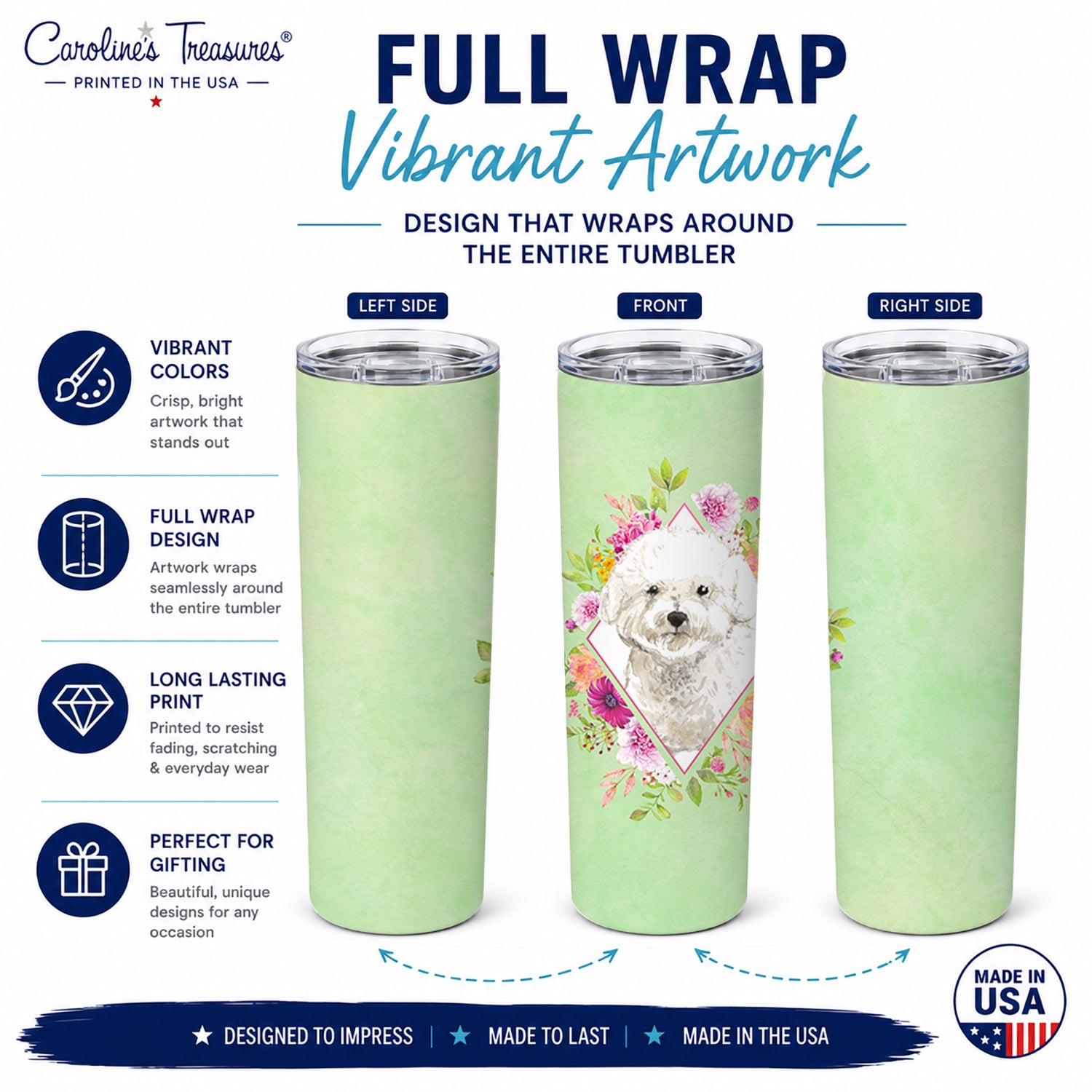 Bichon Frise Green Flowers Stainless Steel Skinny Tumbler 20 oz Vacuum Double Walled Reusable Insulated Travel Cup