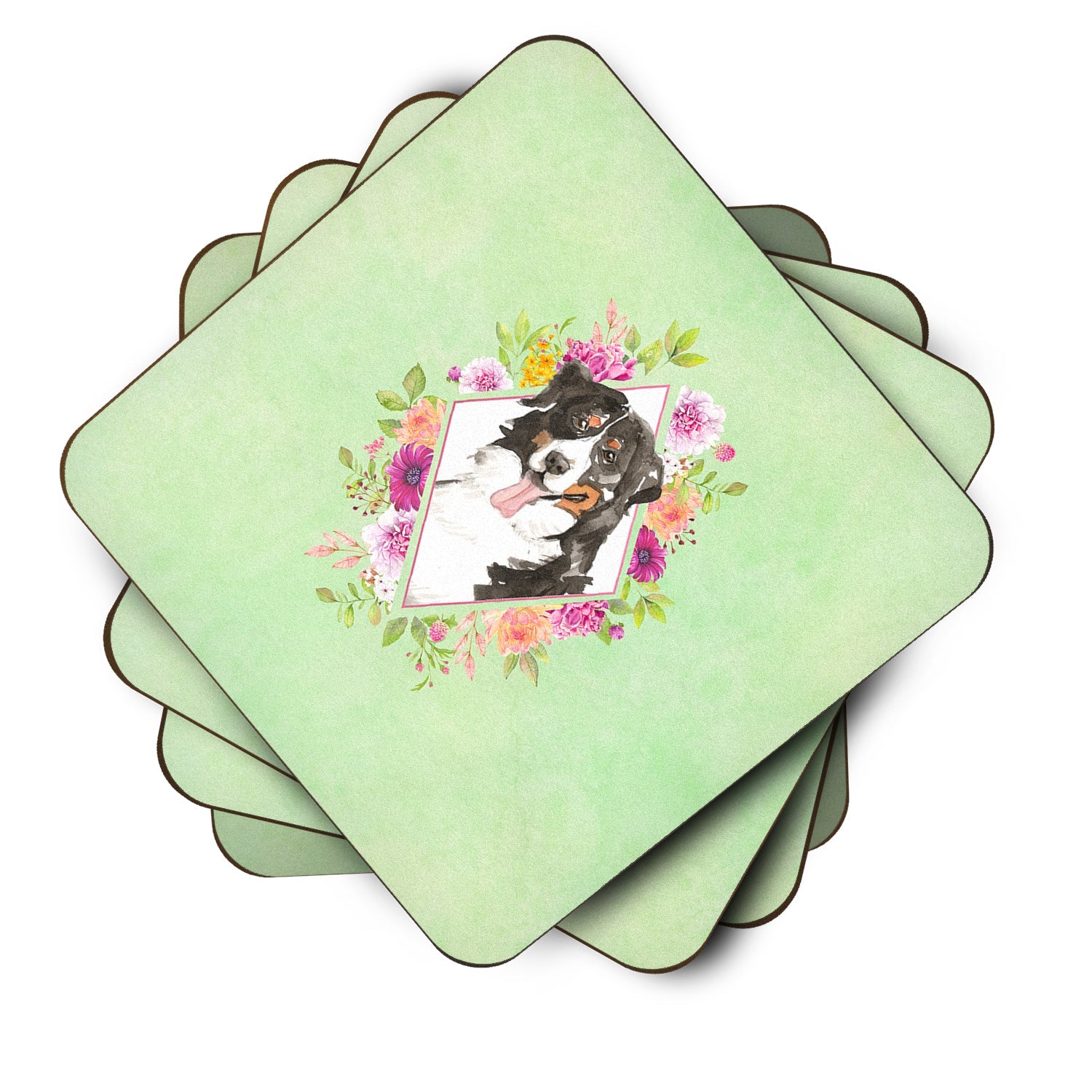 Bernese Mountain Dog Green Flowers Foam Coasters Set of 4 Cup Coasters for Indoor Outdoor, Tabletop Protection, Anti Slip, Mouse pad Material