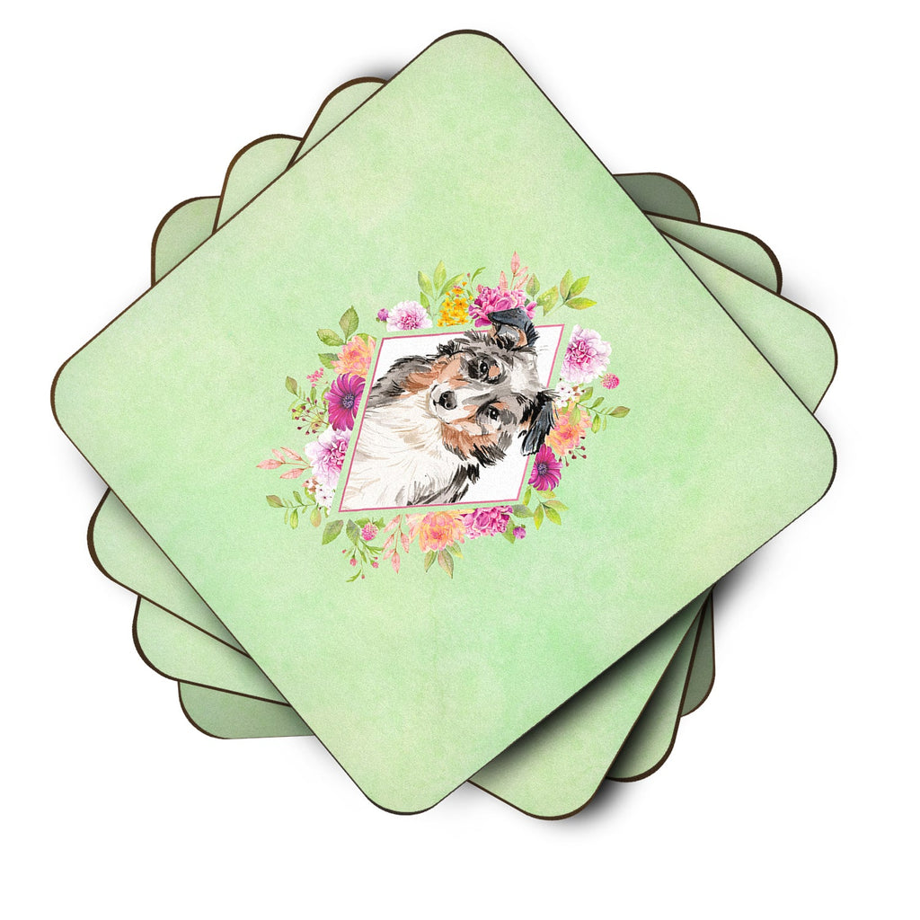 Australian Shepherd Green Flowers Foam Coasters Set of 4 Cup Coasters for Indoor Outdoor, Tabletop Protection, Anti Slip, Mouse pad Material