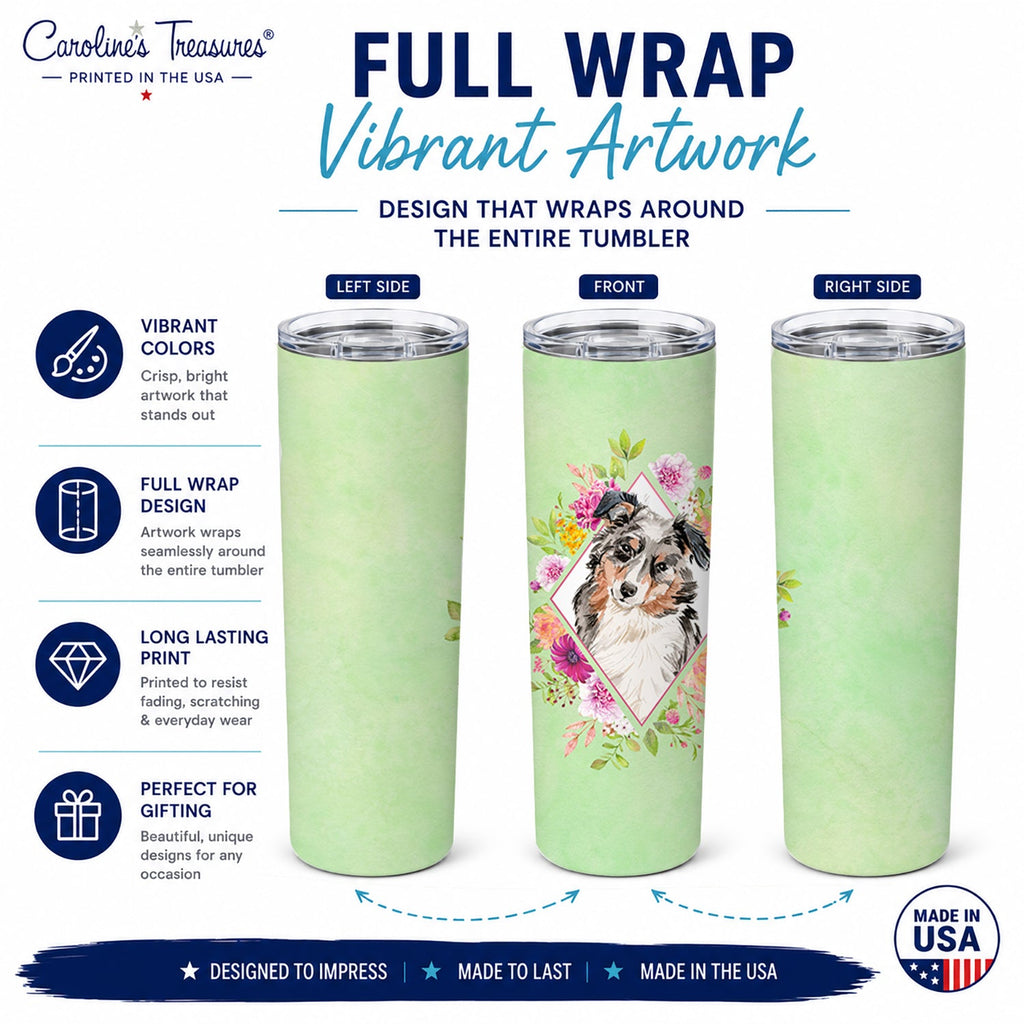 Australian Shepherd Green Flowers Stainless Steel Skinny Tumbler 20 oz Vacuum Double Walled Reusable Insulated Travel Cup