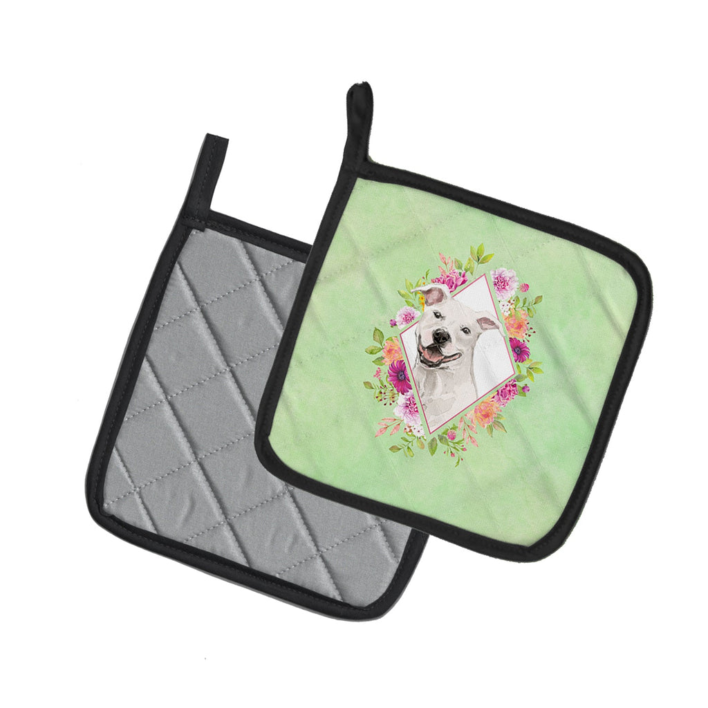 White Pit Bull Terrier Green Flowers Pot Holder Set of 2 Heat Resistant Quilted Hot Pads 7.5 x 7.5 Inch, Insulated Kitchen Trivets for Cooking & Baking