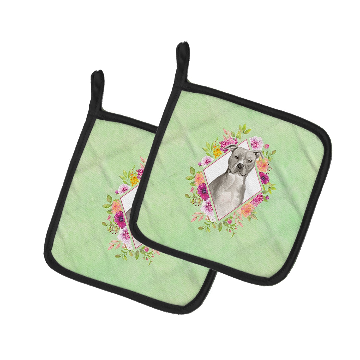 Blue Pit Bull Terrier Green Flowers Pot Holder Set of 2 Heat Resistant Quilted Hot Pads 7.5 x 7.5 Inch, Insulated Kitchen Trivets for Cooking & Baking