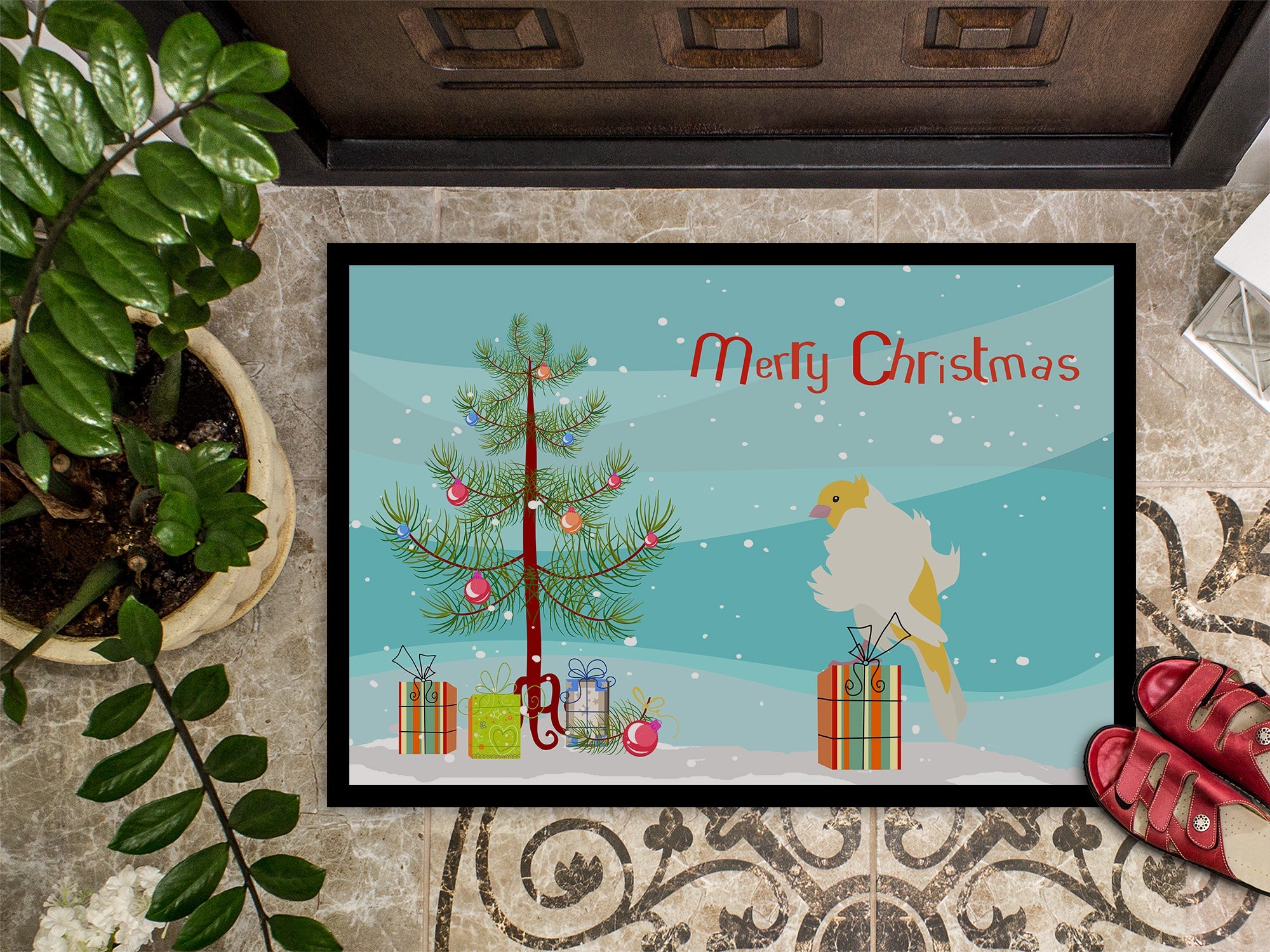Parisian Trumpeter Canary Merry Christmas Doormat Indoor Outdoor 18H X 27W Front Door Mat Rugs for Entryway, Non Slip Washable