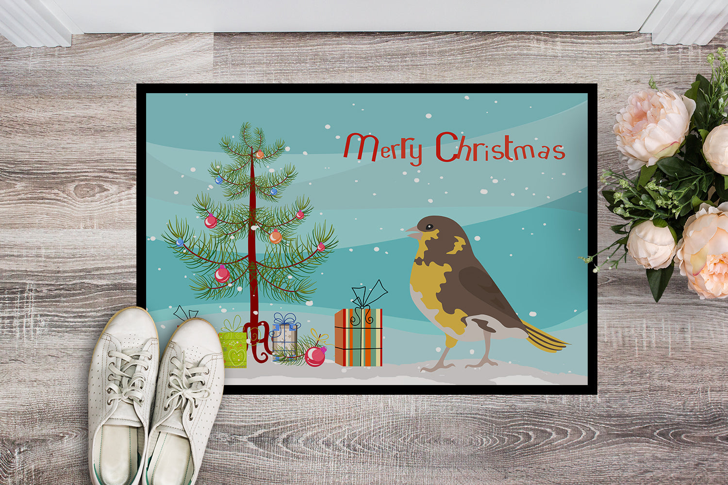 Spanish Canary Merry Christmas Doormat Indoor Outdoor 18H X 27W Front Door Mat Rugs for Entryway, Non Slip Washable