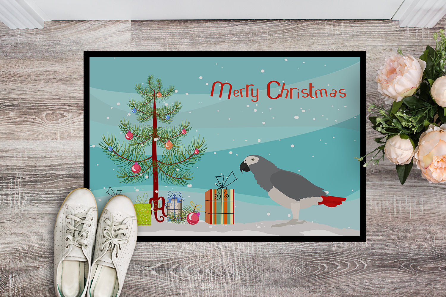African Grey Parrot Merry Christmas Doormat Indoor Outdoor 24H X 36W Front Door Mat Rugs for Entryway, Non Slip Washable Low Pile,