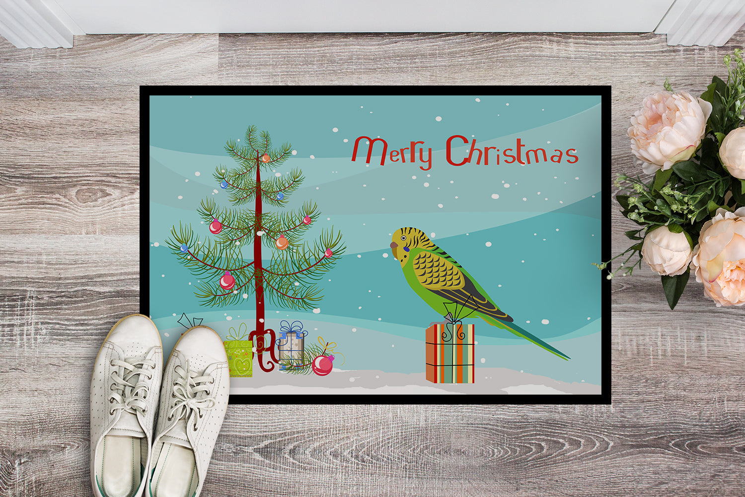 Budgerigar Merry Christmas Doormat Indoor Outdoor 18H X 27W Front Door Mat Rugs for Entryway, Non Slip Washable