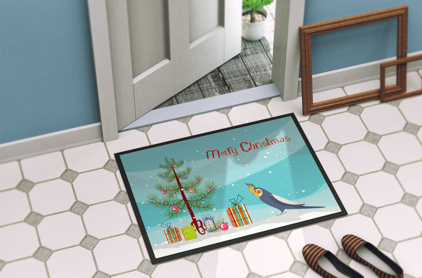Cockatiel Merry Christmas Doormat Indoor Outdoor 24H X 36W Front Door Mat Rugs for Entryway, Non Slip Washable Low Pile,
