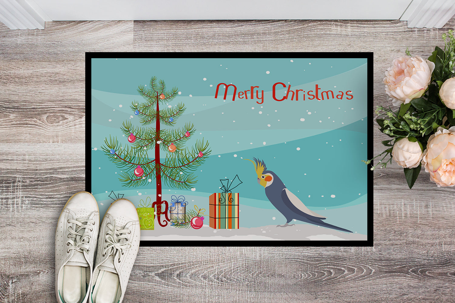 Cockatiel Merry Christmas Doormat Indoor Outdoor 18H X 27W Front Door Mat Rugs for Entryway, Non Slip Washable