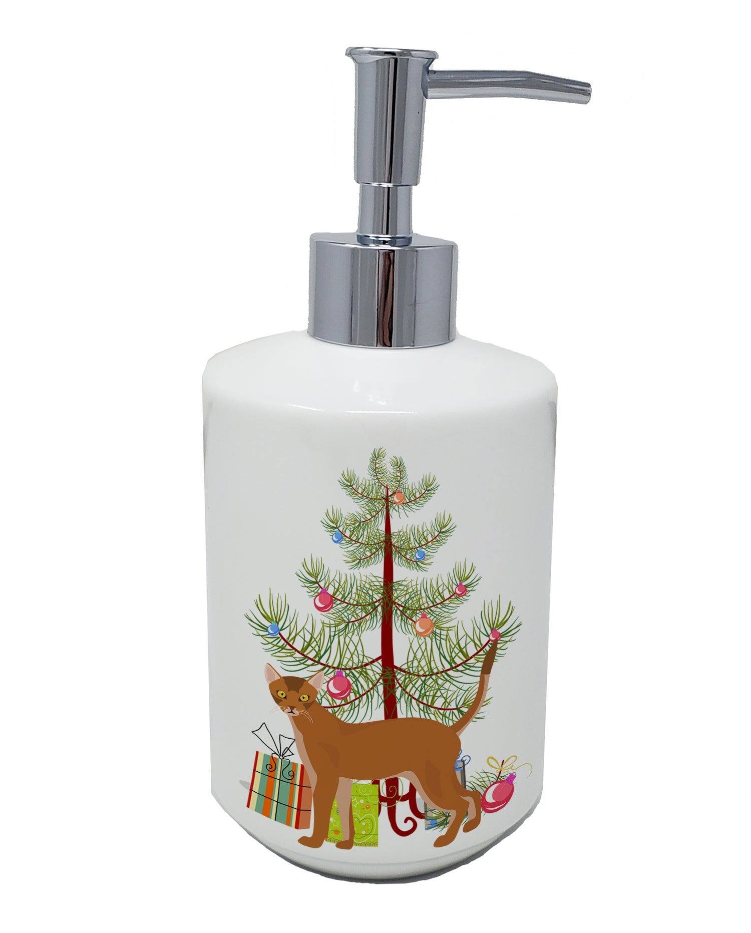 Red Abyssinian Cat Christmas Ceramic Soap Dispenser , Empty Refillable Hand Soap Pump Bottle for Bathroom Kitchen