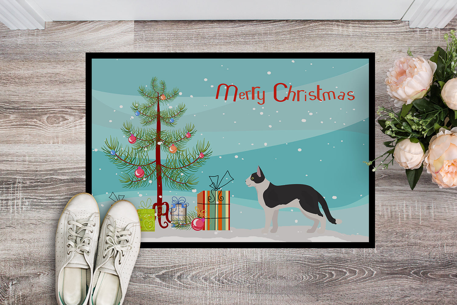Bicolour Aegean Cat Christmas Doormat Indoor Outdoor 24H X 36W Front Door Mat Rugs for Entryway, Non Slip Washable Low Pile,