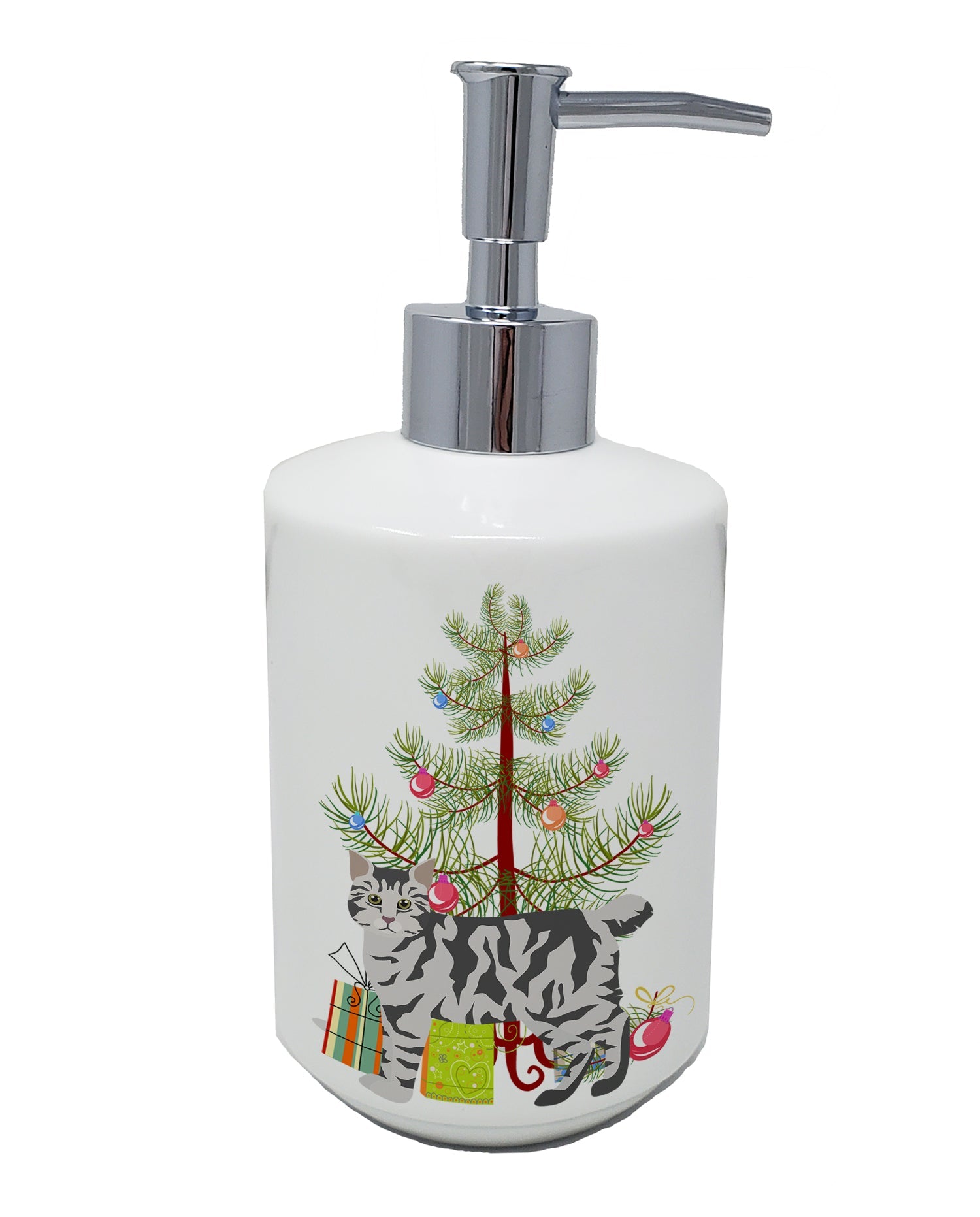 American Bobtail Cat Christmas Ceramic Soap Dispenser , Empty Refillable Hand Soap Pump Bottle for Bathroom Kitchen