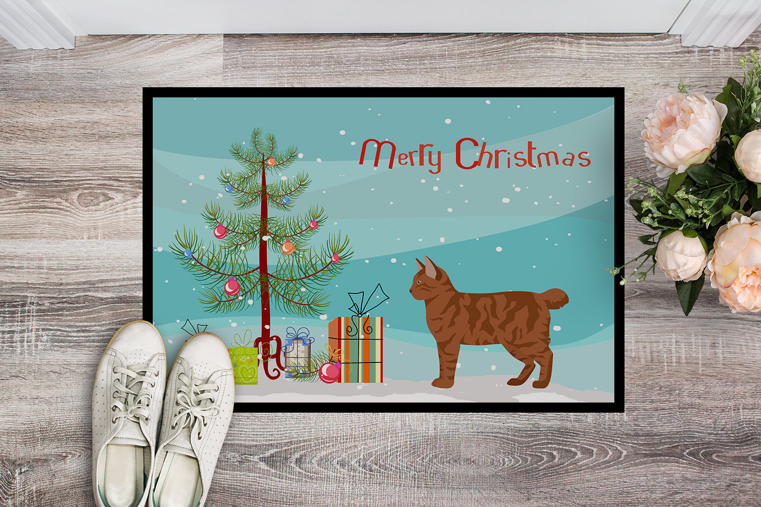 American Bobtail Cat Christmas Doormat Indoor Outdoor 18H X 27W Front Door Mat Rugs for Entryway, Non Slip Washable