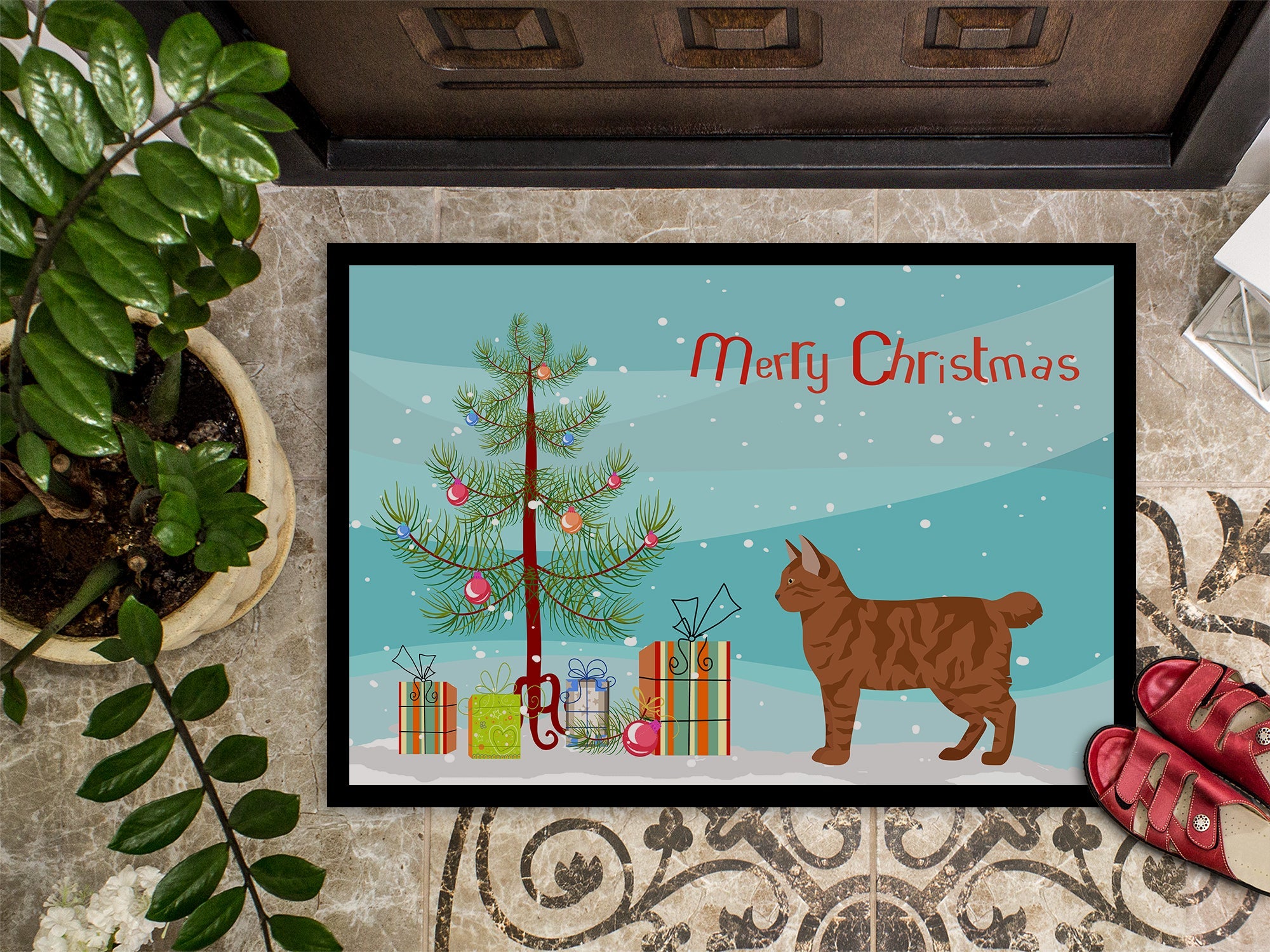 American Bobtail Cat Christmas Doormat Indoor Outdoor 18H X 27W Front Door Mat Rugs for Entryway, Non Slip Washable