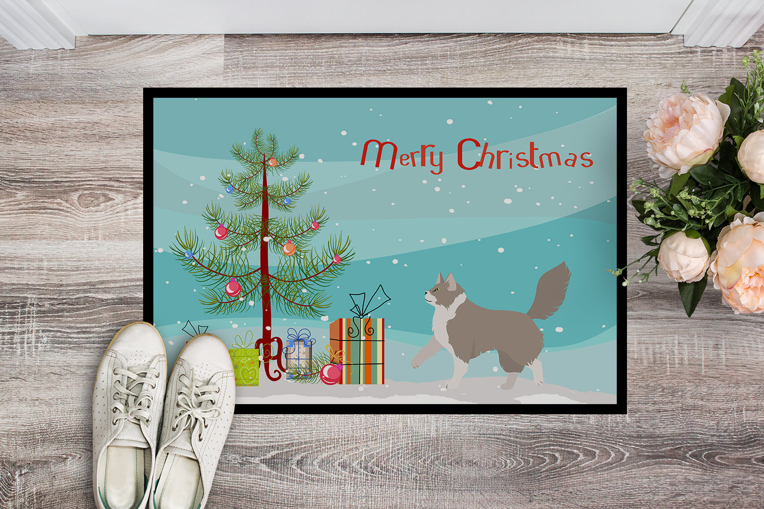 Asian Semi Longhaired Cat Christmas Doormat Indoor Outdoor 24H X 36W Front Door Mat Rugs for Entryway, Non Slip Washable Low Pile,