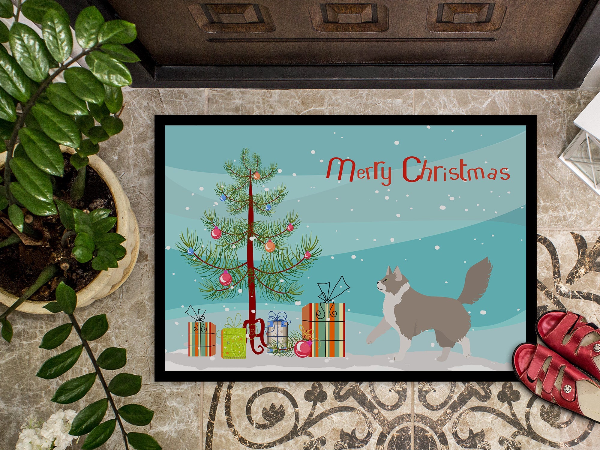 Asian Semi Longhaired Cat Christmas Doormat Indoor Outdoor 24H X 36W Front Door Mat Rugs for Entryway, Non Slip Washable Low Pile,