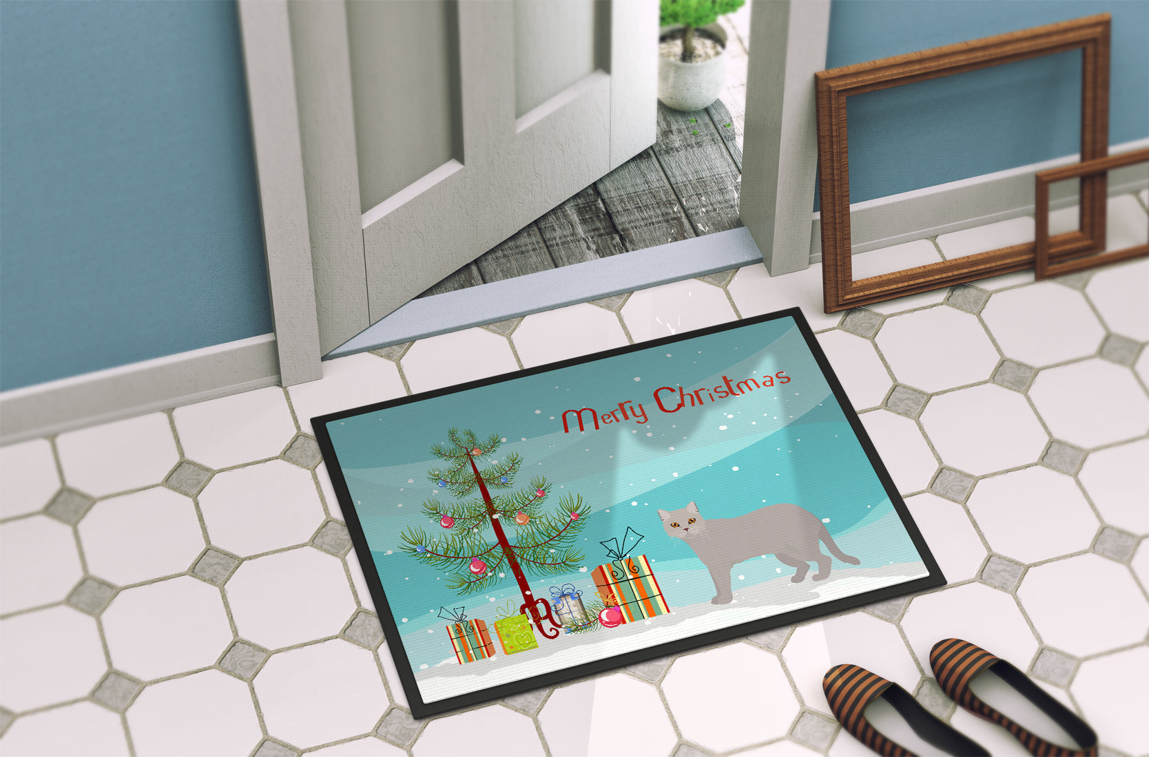 British Semi Longhair Cat Christmas Doormat Indoor Outdoor 24H X 36W Front Door Mat Rugs for Entryway, Non Slip Washable Low Pile,
