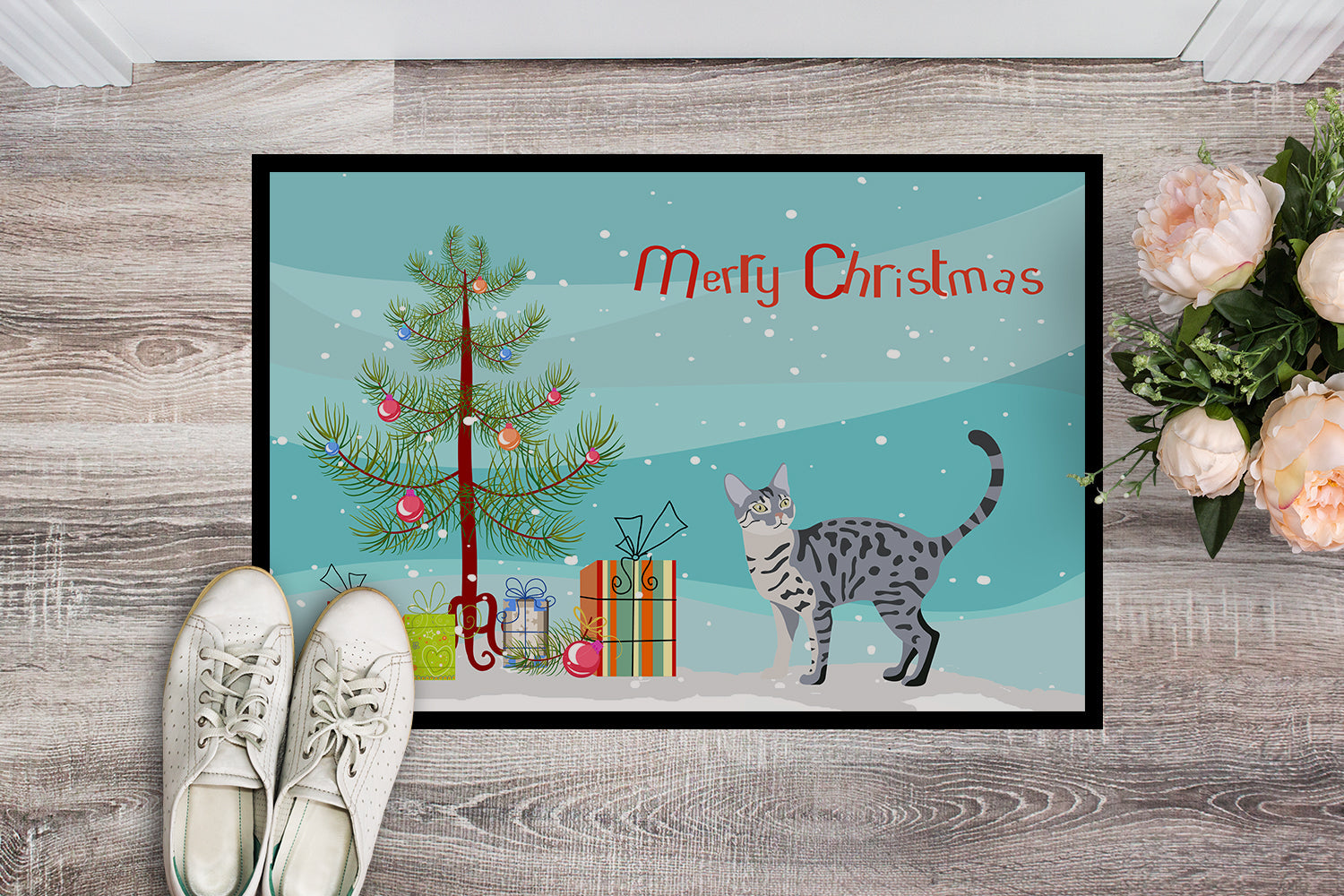 California Spangled Cat Christmas Doormat Indoor Outdoor 18H X 27W Front Door Mat Rugs for Entryway, Non Slip Washable
