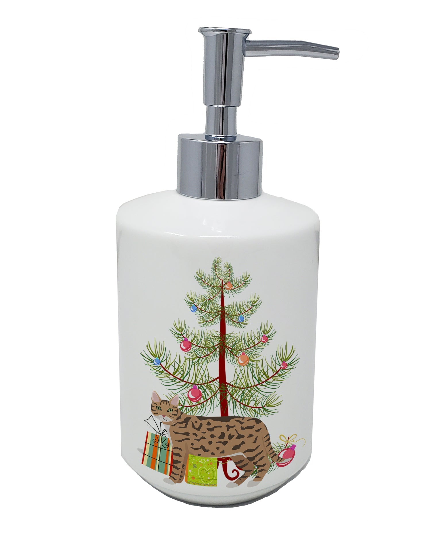 California Spangled Cat Christmas Ceramic Soap Dispenser , Empty Refillable Hand Soap Pump Bottle for Bathroom Kitchen