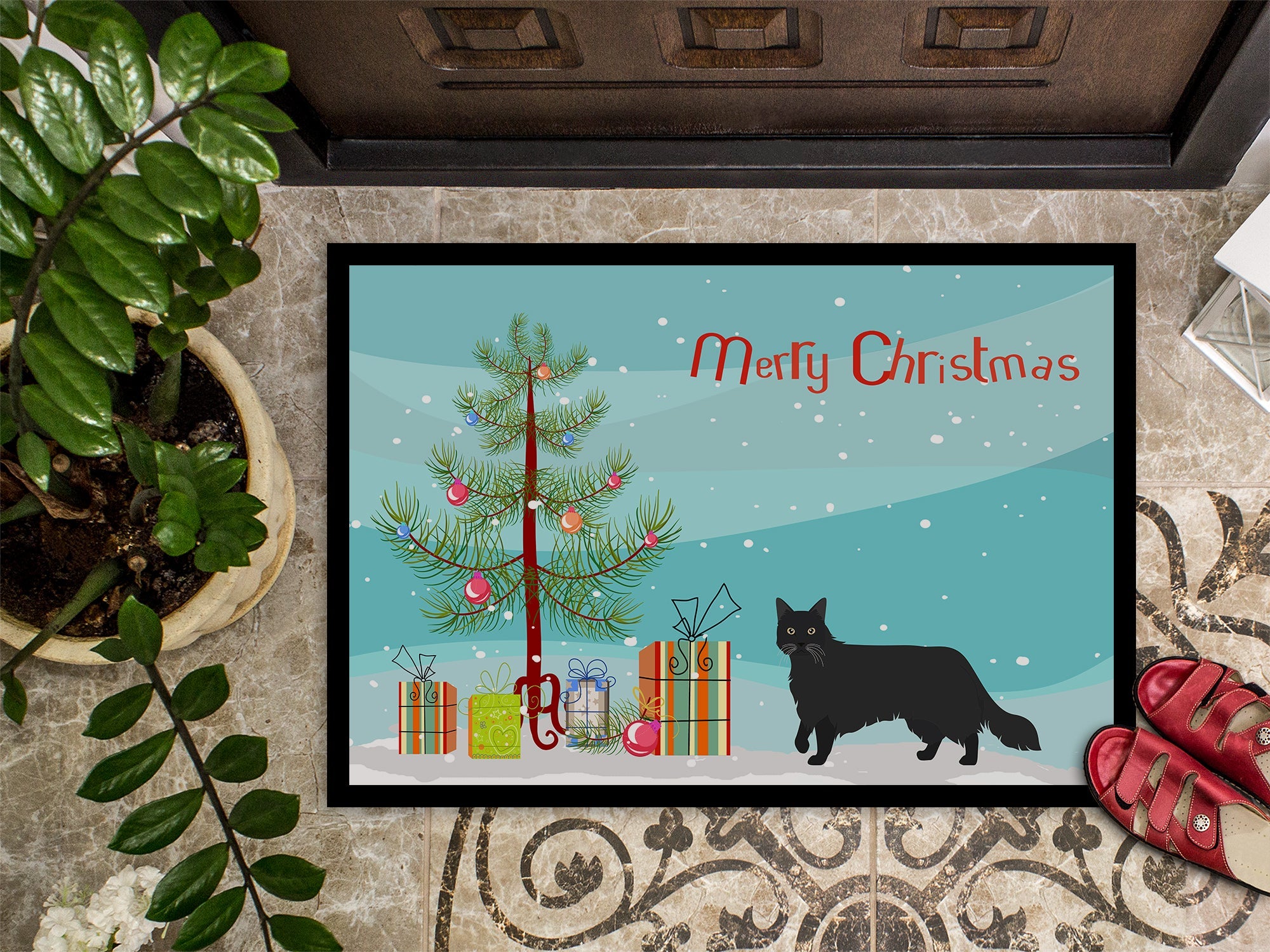 Black Chantilly Tiffany Cat Christmas Doormat Indoor Outdoor 24H X 36W Front Door Mat Rugs for Entryway, Non Slip Washable Low Pile,