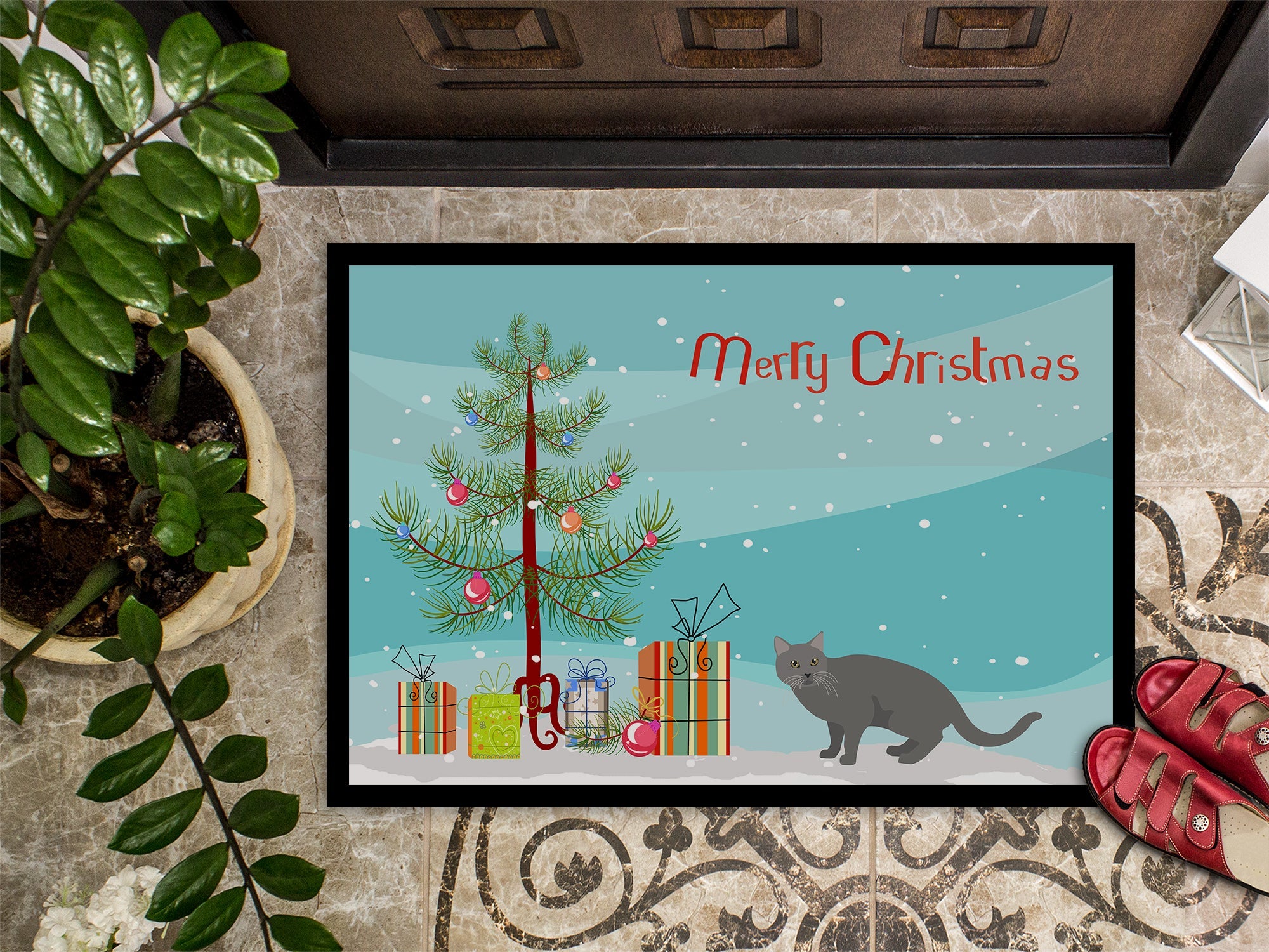 Chartreux Cat Christmas Doormat Indoor Outdoor 24H X 36W Front Door Mat Rugs for Entryway, Non Slip Washable Low Pile,