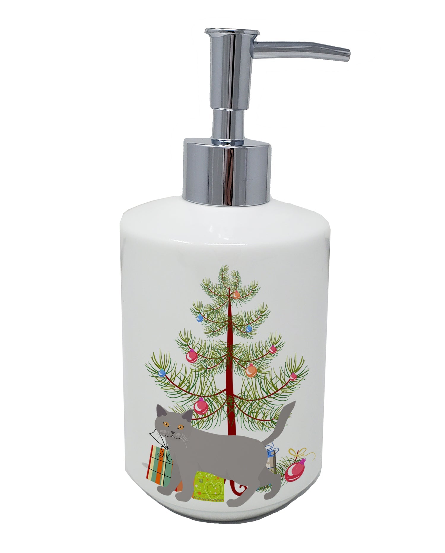 Chartreux Cat Christmas Ceramic Soap Dispenser , Empty Refillable Hand Soap Pump Bottle for Bathroom Kitchen